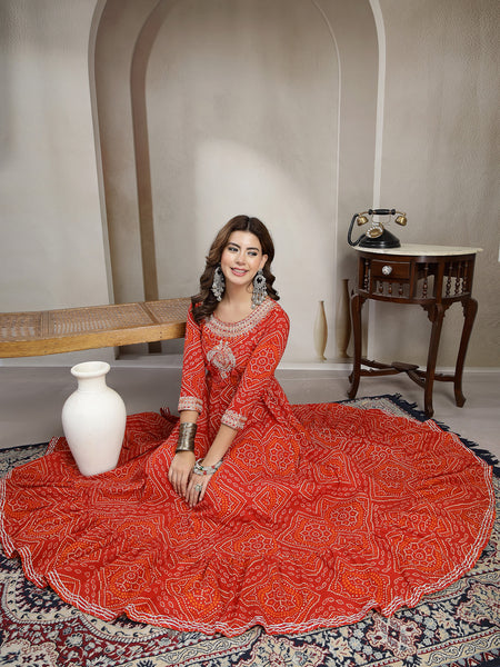 Kimayra Cotton Ankle Length Printed 3/4 Sleeve Round Neck Flared Kurta