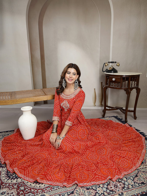 Kimayra Cotton Ankle Length Printed 3/4 Sleeve Round Neck Flared Kurta