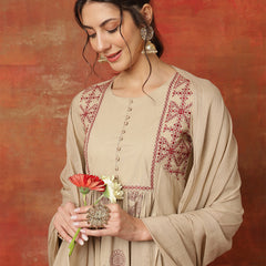Kimayra Rayon Calf Length Printed 3/4 Sleeves Round Neck Semi-Flared Kurta Suit Set