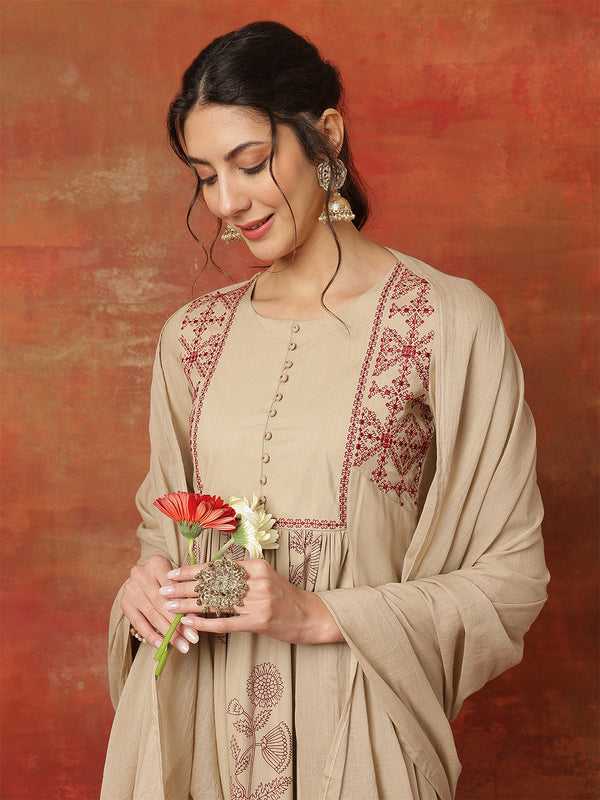 Kimayra Rayon Calf Length Printed 3/4 Sleeves Round Neck Semi-Flared Kurta Suit Set