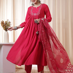 Kimayra Rayon Calf Length Solid 3/4 Sleeves Round Neck Flared Kurta Suit Set