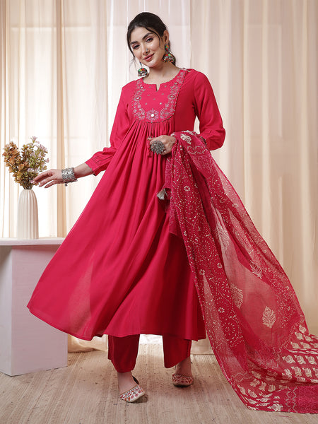 Kimayra Rayon Calf Length Solid 3/4 Sleeves Round Neck Flared Kurta Suit Set