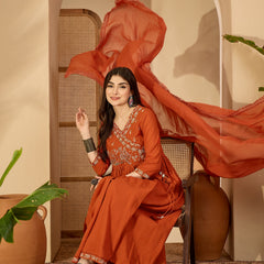 Kimayra Cotton Calf Length Solid 3/4 Sleeve V-Neck Anarkali Kurta Suit Set