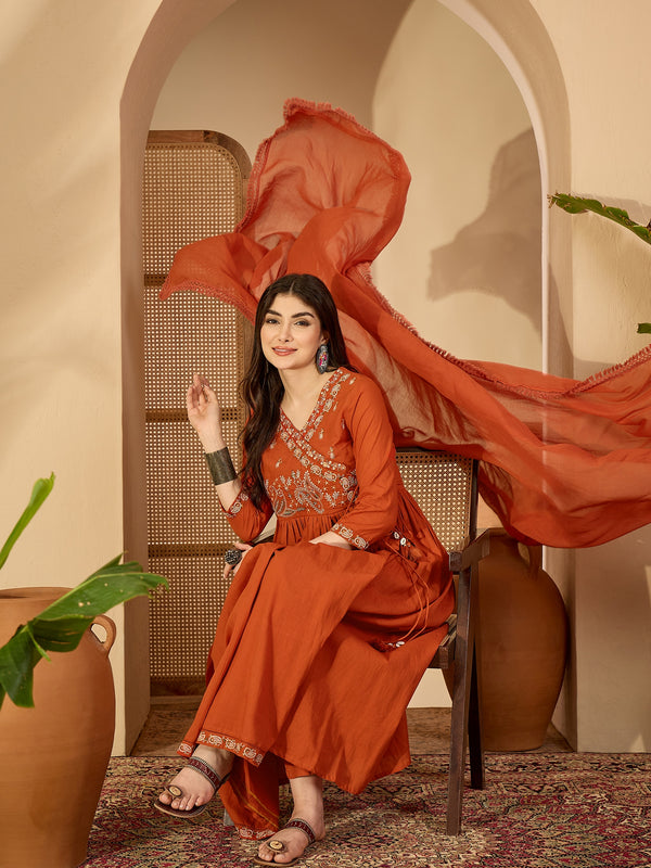 Kimayra Cotton Calf Length Solid 3/4 Sleeve V-Neck Anarkali Kurta Suit Set