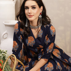 Kimayra Cotton Calf Length Printed 3/4 Sleeve V-Neck Flared Kurta