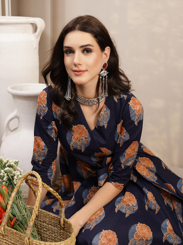 Kimayra Cotton Calf Length Printed 3/4 Sleeve V-Neck Flared Kurta