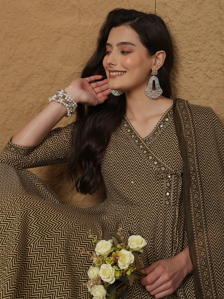 Kimayra Cotton Calf Length Printed 3/4 Sleeves V-Neck Anarkali Kurta Suit Set