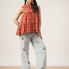 Kimayra Cotton Hip Length Printed Sleeveless Mandarin Collar Flared Top