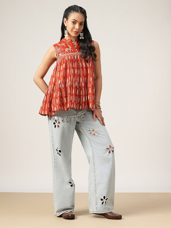 Kimayra Cotton Hip Length Printed Sleeveless Mandarin Collar Flared Top