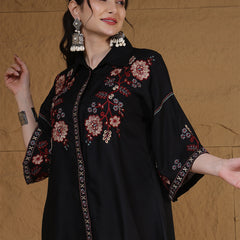 Kimayra Rayon Hip Length Solid 3/4 Sleeves Shirt Collar Flared Top