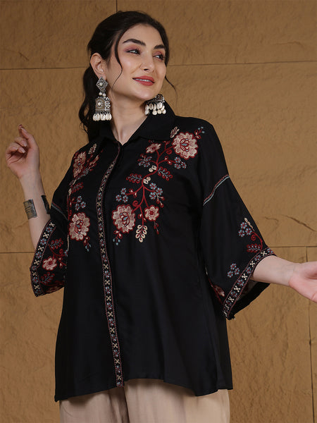 Kimayra Rayon Hip Length Solid 3/4 Sleeves Shirt Collar Flared Top