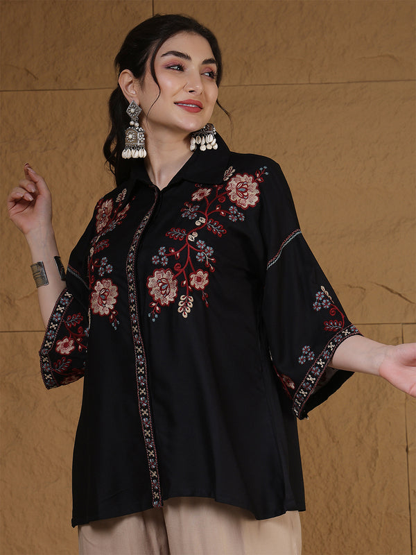 Kimayra Rayon Hip Length Solid 3/4 Sleeves Shirt Collar Flared Top