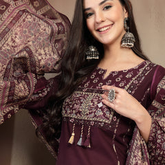 Kimayra Cotton Calf Length Solid 3/4 Sleeve Round Neck Straight Kurta Suit Set