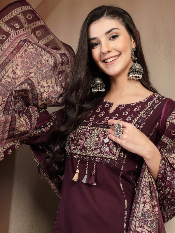 Kimayra Cotton Calf Length Solid 3/4 Sleeve Round Neck Straight Kurta Suit Set