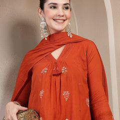 Kimayra Cotton Calf Length Printed 3/4 Sleeve V Neck Straight Kurta Suit Set