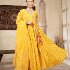 Kimayra Cotton Calf Length Printed 3/4 Sleeve V-Neck Flared Kurta Suit Set