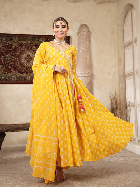 Kimayra Cotton Calf Length Printed 3/4 Sleeve V-Neck Flared Kurta Suit Set