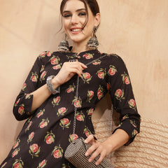 Kimayra Rayon Calf Length Printed 3/4 Sleeve Key Hole Neck Straight Kurta