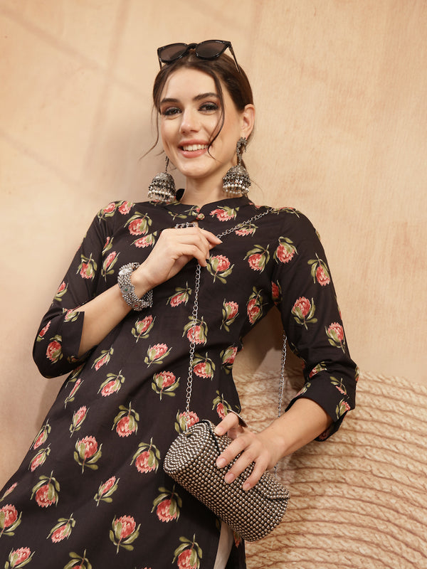 Kimayra Rayon Calf Length Printed 3/4 Sleeve Key Hole Neck Straight Kurta