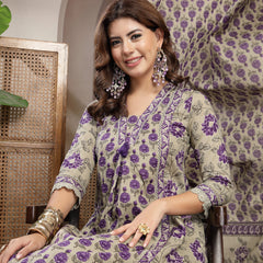 Kimayra Cotton Calf Length Printed 3/4 Sleeve V-Neck A-Line Kurta Suit Set