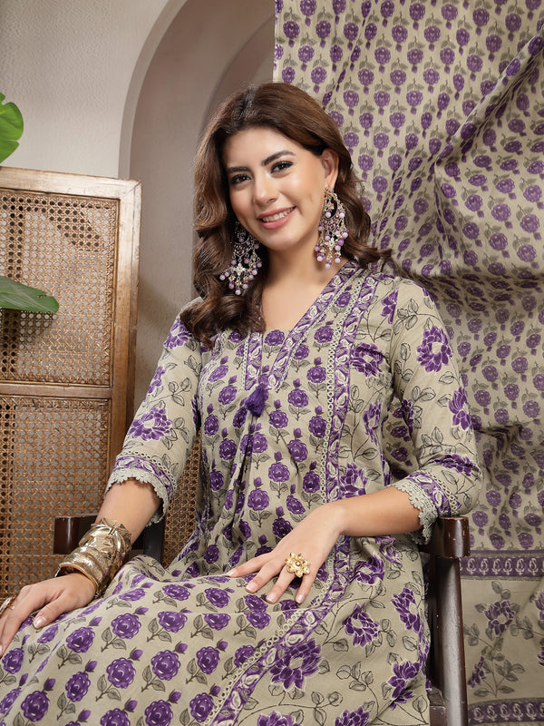 Kimayra Cotton Calf Length Printed 3/4 Sleeve V-Neck A-Line Kurta Suit Set