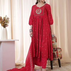 Kimayra Rayon Calf Length Printed 3/4 Sleeves Round Neck Flared Kurta Suit Set