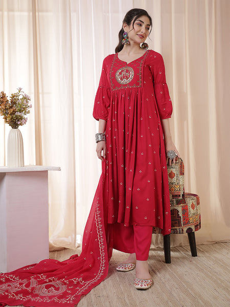 Kimayra Rayon Calf Length Printed 3/4 Sleeves Round Neck Flared Kurta Suit Set
