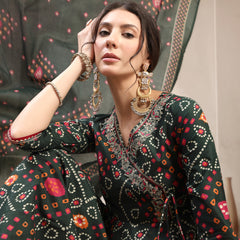 Kimayra Cotton Calf Length Printed 3/4 Sleeve Angrakha Flared Kurta Suit Set