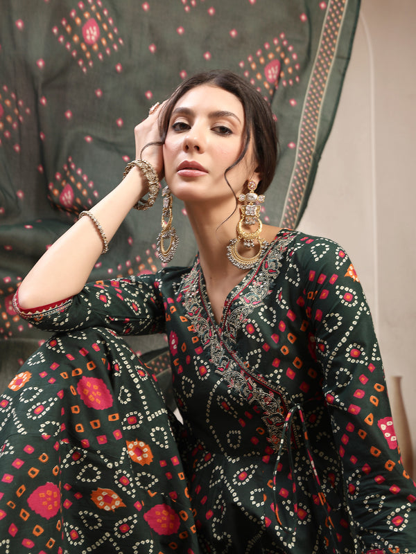 Kimayra Cotton Calf Length Printed 3/4 Sleeve Angrakha Flared Kurta Suit Set