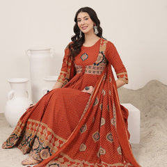 Kimayra Cotton Calf Length Printed 3/4 Sleeve Round Neck Flared Kurta Suit Set