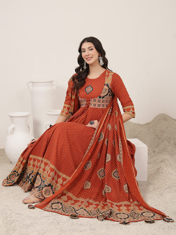 Kimayra Cotton Calf Length Printed 3/4 Sleeve Round Neck Flared Kurta Suit Set