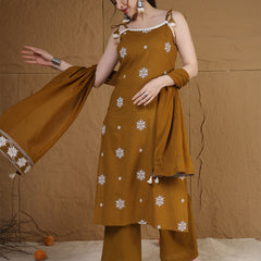 Kimayra Rayon Calf Length Printed Sleeveless Round Neck Straight Kurta Suit Set