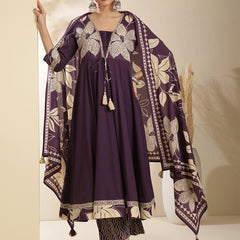 Kimayra Cotton Calf Length Printed 3/4 Sleeve V-Neck Anarkali Kurta Suit Set
