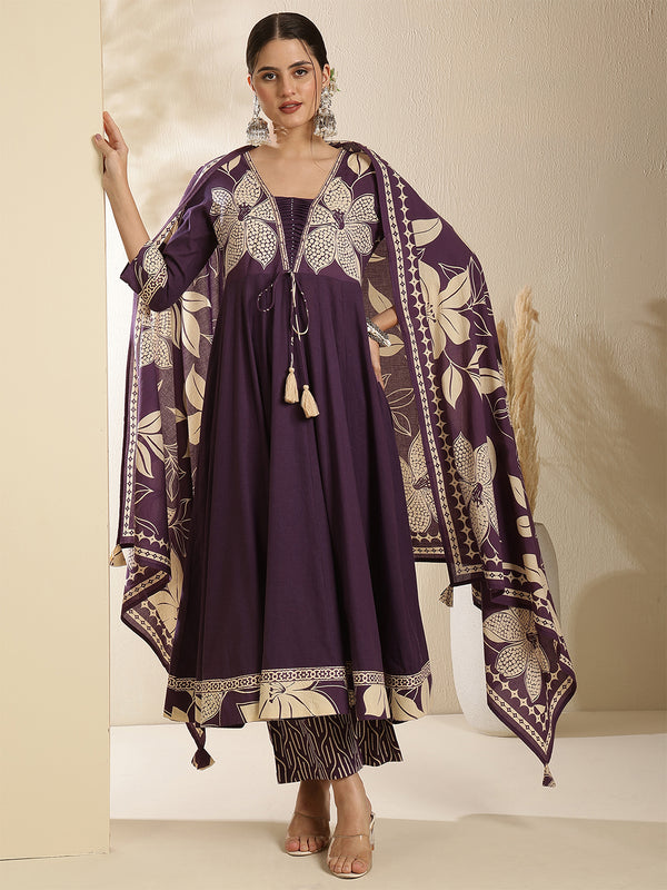 Kimayra Cotton Calf Length Printed 3/4 Sleeve V-Neck Anarkali Kurta Suit Set