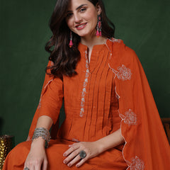 Kimayra Cotton Calf Length Solid 3/4 Sleeves Mandarin Straight Kurta Suit Set