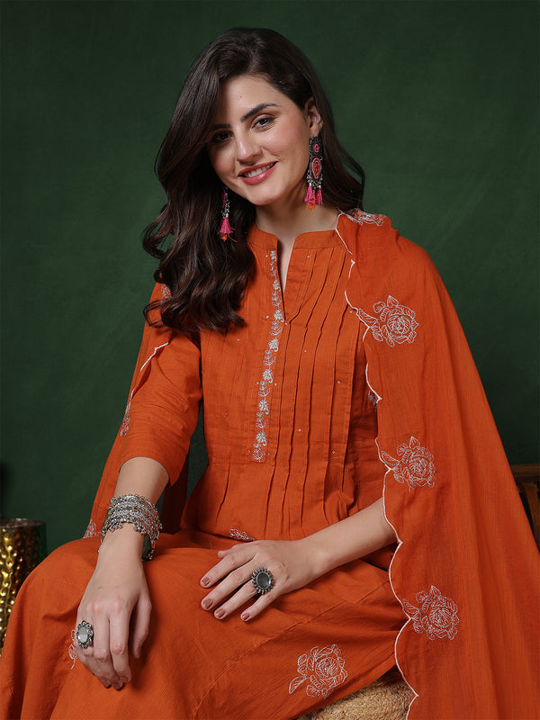 Kimayra Cotton Calf Length Solid 3/4 Sleeves Mandarin Straight Kurta Suit Set
