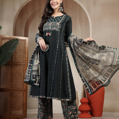 Kimayra Cotton Calf Length Solid 3/4 Sleeve Round Neck Straight Kurta Suit Set