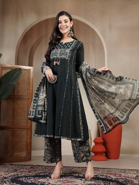 Kimayra Cotton Calf Length Solid 3/4 Sleeve Round Neck Straight Kurta Suit Set