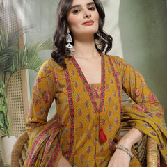Kimayra Cotton Calf Length Printed 3/4 Sleeve V-Neck Flared Kurta Suit Set