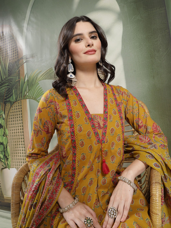 Kimayra Cotton Calf Length Printed 3/4 Sleeve V-Neck Flared Kurta Suit Set