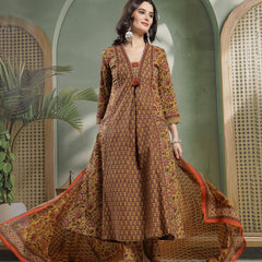 Kimayra Cotton Calf Length Printed 3/4 Sleeve V-Neck Flared Kurta Suit Set