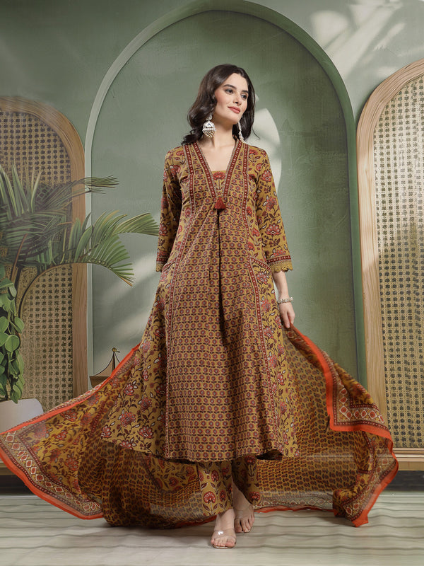 Kimayra Cotton Calf Length Printed 3/4 Sleeve V-Neck Flared Kurta Suit Set