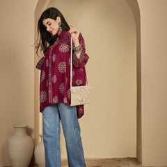 Kimayra Rayon Hip Length Printed 3/4 Sleeve Shirt Collar Flared Top