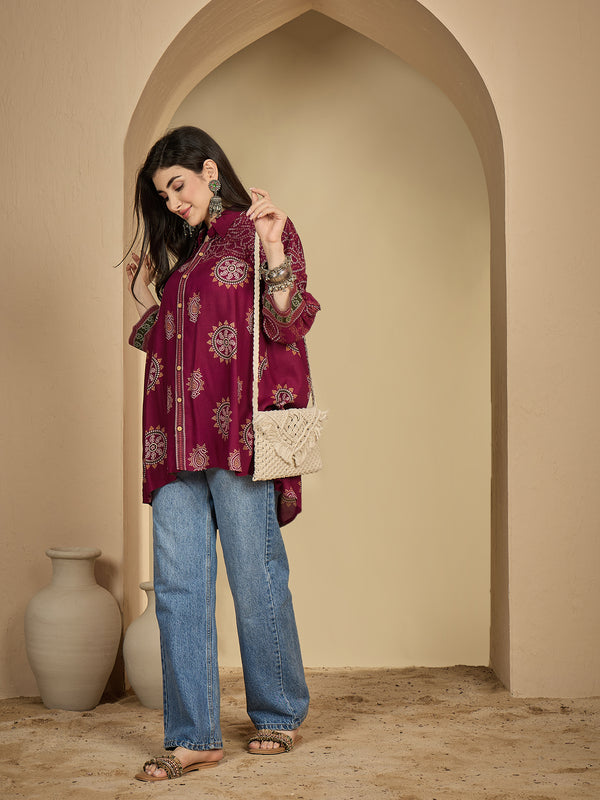 Kimayra Rayon Hip Length Printed 3/4 Sleeve Shirt Collar Flared Top