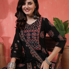 Kimayra Cotton Calf Length Printed 3/4 Sleeves Round Neck Straight Kurta Suit Set