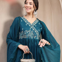 Kimayra Rayon Calf Length Solid 3/4 Sleeve Angrakha Flared Kurta Suit Set