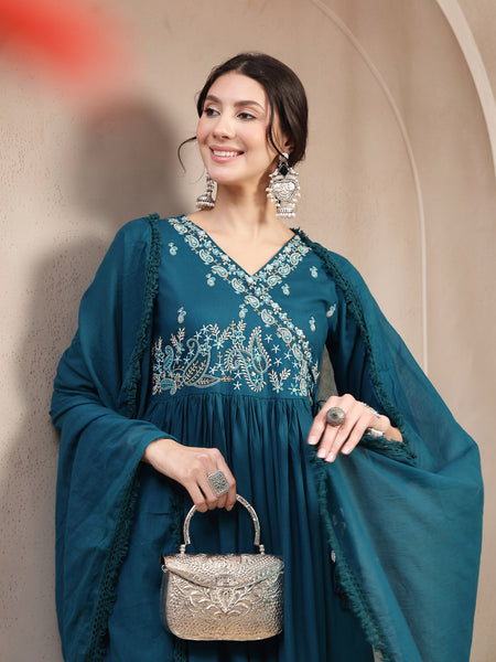 Kimayra Rayon Calf Length Solid 3/4 Sleeve Angrakha Flared Kurta Suit Set