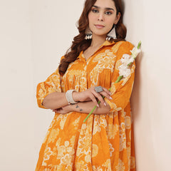 Kimayra Cotton Knee Length Printed 3/4 Sleeve Shirt Collar Flared Dress