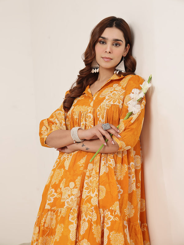 Kimayra Cotton Knee Length Printed 3/4 Sleeve Shirt Collar Flared Dress