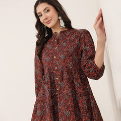 Kimayra Cotton Hip Length Printed 3/4 Sleeve Mandarin Collar Flared Kurta Suit Set